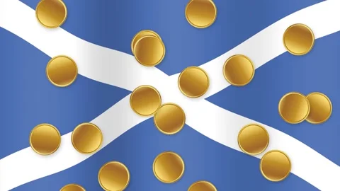 Gold Coins Falling Over Waving Scotland Flag Background Video stock 341908372