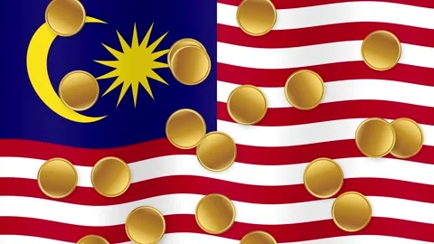 Gold Coins Falling Over Waving Malaysia Flag Background Stock Footage 342101800