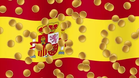 Gold Coins Falling Over Waving National Flag of Spain Stock Footage 345300773