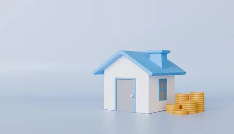 Gold coins falling into stack and house, home model with windows, financial Illustrazione stock