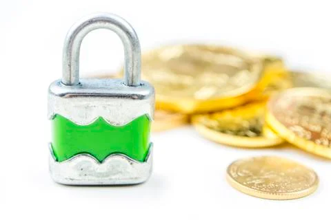 Gold coins with lock	 Stock Photos