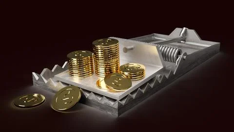 Gold coins in mouse trap 3d rendering business concept. Stock Illustration