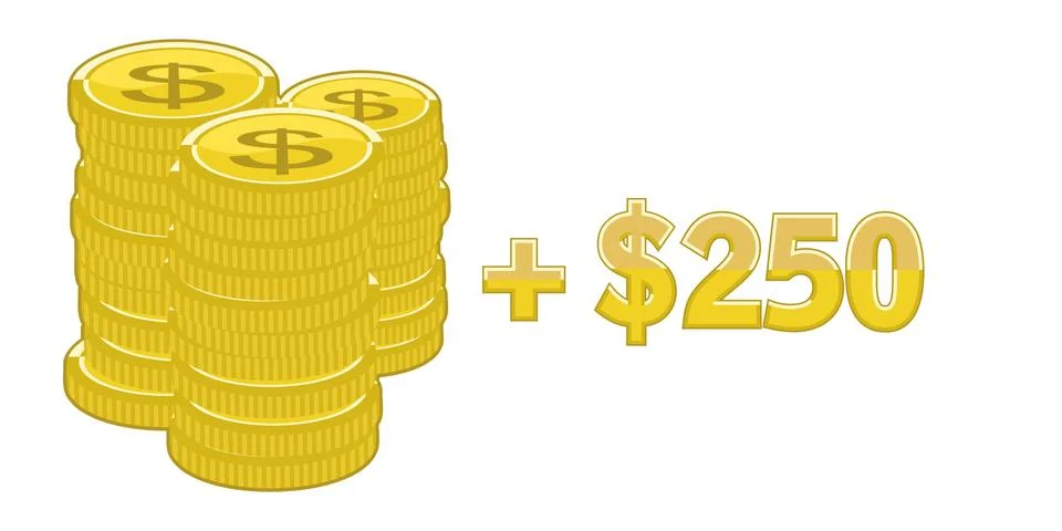 Gold coins  stack, +250, vector illustratiion Stock Illustration