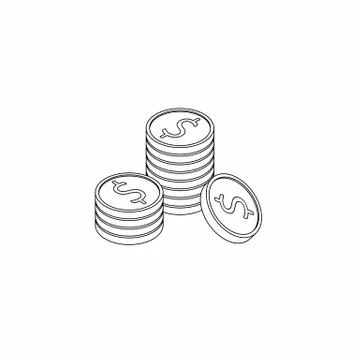 Gold coins stack Black Outline icon vector isometric. Stock Illustration