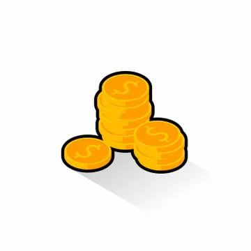 Gold coins stack Black Stroke &amp; Shadow icon vector isometric. Stock Illustration