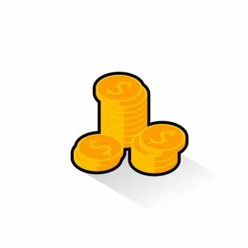 Gold coins stack Black Stroke &amp; Shadow icon vector isometric. Stock Illustration