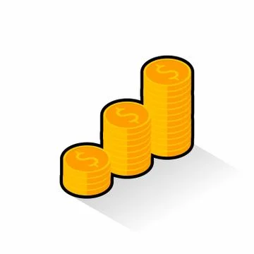 Gold coins stack Black Stroke &amp; Shadow icon vector isometric. Stock Illustration