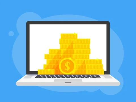 Gold coins stack dollar symbol in Laptop notebook computer screen. Money pile Stock Illustration