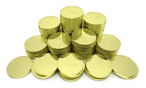 Gold coins stack isolated on white closeup Illustrazione stock