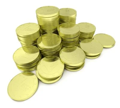 Gold coins stack isolated on white diagonal closeup view Stock-Illustration
