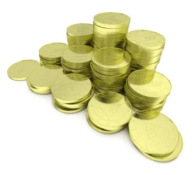 Gold coins stack isolated on white closeup diagonal view Stock Illustration