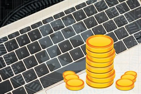 Gold Coins Stack on laptop keyboard earning concept Stock Photos