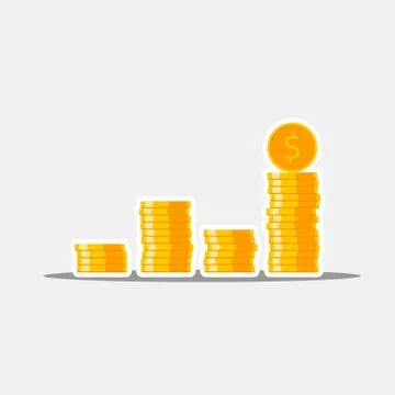 Gold coins stack White Stroke &amp; Shadow icon vector isolated. Stock Illustration