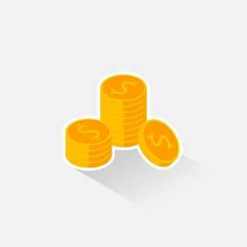 Gold coins stack White Stroke &amp; Shadow icon vector isometric. Illustrazione stock