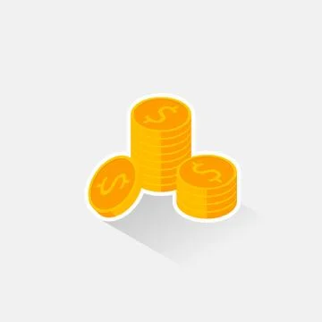 Gold coins stack White Stroke &amp; Shadow icon vector isometric. Stock Illustration