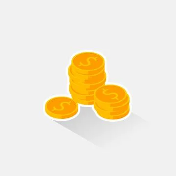 Gold coins stack White Stroke &amp; Shadow icon vector isometric. Stock Illustration