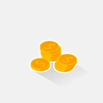 Gold coins stack White Stroke &amp; Shadow icon vector isometric. Stock Illustration