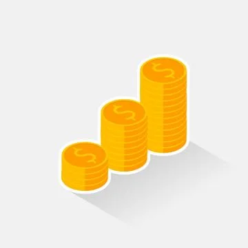 Gold coins stack White Stroke &amp; Shadow icon vector isometric. Stock Illustration