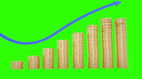 Gold coins stacking up in a column chart style. Green screen footage Stock Footage 67572565