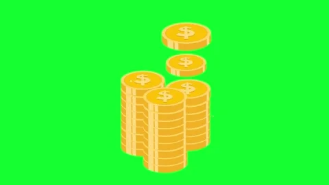 Gold coins stacking into three isometric piles with sparkle animation on gr.. Stock Footage 340630417