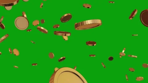 Gold coins symbol falling down - 3D Render. Golden coins falling, green screen Stock Footage 291397464