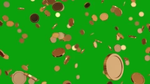 Gold coins symbol falling down - 3D Render. Golden coins falling, green screen Stock Footage 291397465
