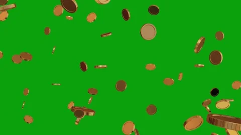 Gold coins symbol falling down - 3D Render. Golden coins falling, green screen Stock Footage 291397479