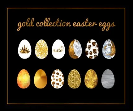 Gold collection easter eggs. Metallic set gold and silver texture on black Stock Illustration