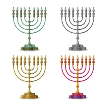 Gold colored, multicolored and silver Hanukkah menorah, nine-branched candela Stock Illustration