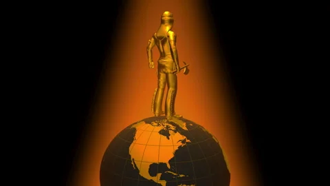 A gold-colored statue of an American warrior rotating atop a globe (Earth). Stock Footage 345432331
