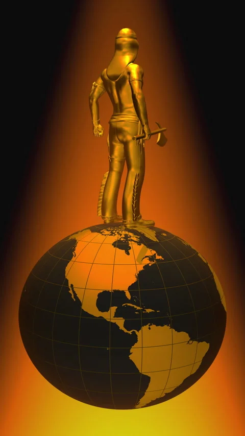 A gold-colored statue of an American warrior rotating atop a globe (Earth). Stock Footage 345432961