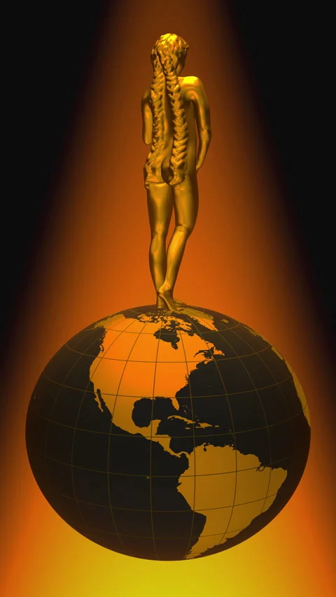 A gold-colored statue of Aphrodite rotating on a sphere (the Earth). Stock Footage 345432894