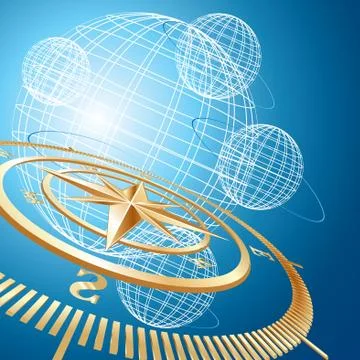 Gold compass with abstract planets, vector background Stock Illustration