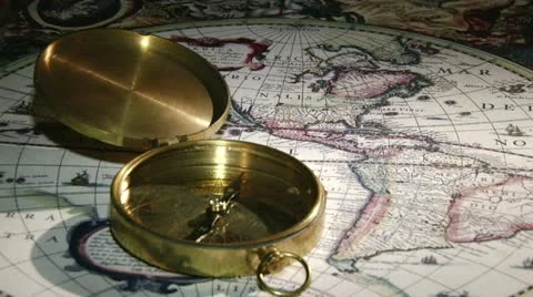 Gold compass, ancient map Stock Footage 12370409