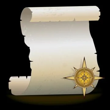 Gold compass and old parchment with space for text, vector illustration Stock Illustration