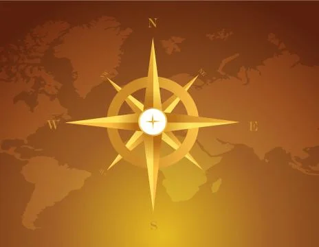 Gold compass over a world map brown Ilustração Stock