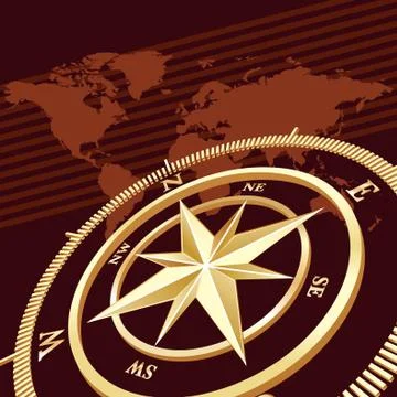 Gold compass with world map background, vector illustration Stock Illustration