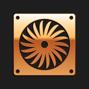 Gold Computer cooler icon isolated on black background. PC hardware fan. Long 스톡 일러스트
