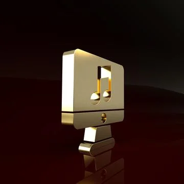 Gold Computer with music note symbol on screen icon isolated on brown backgro Stock Illustration