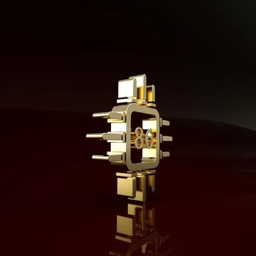 Gold Computer processor with microcircuits CPU icon isolated on brown backgro イラスト素材