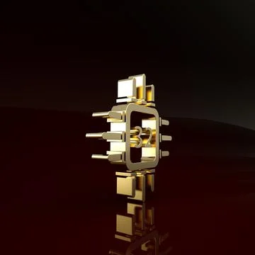 Gold Computer processor with microcircuits CPU icon isolated on brown backgro Illustrazione stock