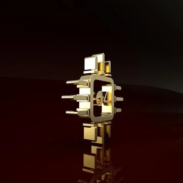 Gold Computer processor with microcircuits CPU icon isolated on brown backgro Illustrazione stock