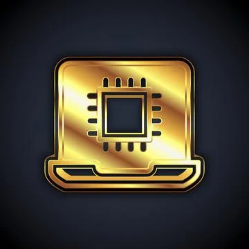 Gold Computer processor with microcircuits CPU icon isolated on black background Stock Illustration