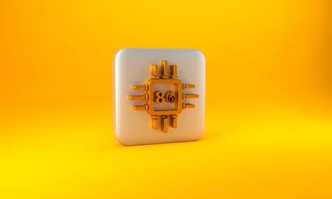 Gold Computer processor with microcircuits CPU icon isolated on yellow Illustrazione stock