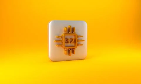 Gold Computer processor with microcircuits CPU icon isolated on yellow Stock Illustration