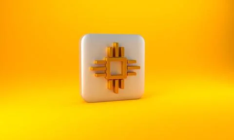 Gold Computer processor with microcircuits CPU icon isolated on yellow Illustrazione stock