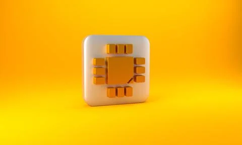 Gold Computer processor with microcircuits CPU icon isolated on yellow Stock Illustration