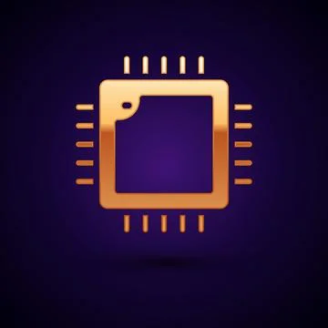 Gold Computer processor with microcircuits CPU icon isolated on black backgro Stock Illustration