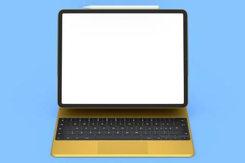 Gold computer tablet with gold keyboard and blank screen isolated on blue bac Stock Illustration