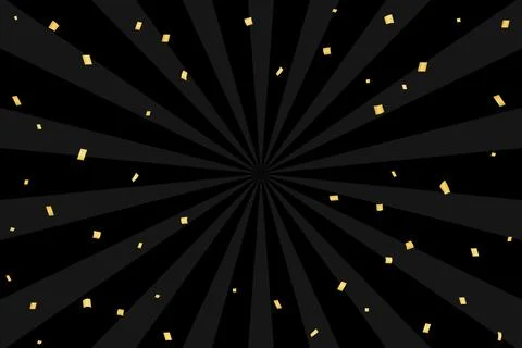 Gold confetti falling on black and gray sunburst background Stock Illustration